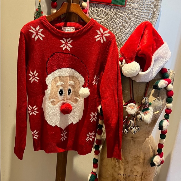 🎅🏻❄️ Red Santa Sweater with Snowflakes, Santa face with pom pom nose & hat ball! - Picture 1 of 13
